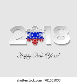 Happy New year 2018 text design on a light background. Vector greeting illustration with cut paper and snowflake flag  country. russia