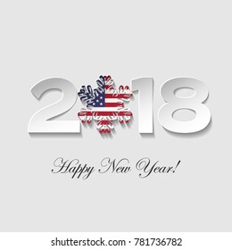 Happy New year 2018 text design on a light background. Vector greeting illustration with cut paper and snowflake flag  country.