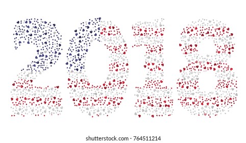 Happy new year 2018 texture in colors of the flag of The United States made of hearts