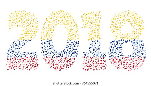 Happy new year 2018 texture in colors of the flag of Colombia made of hearts
