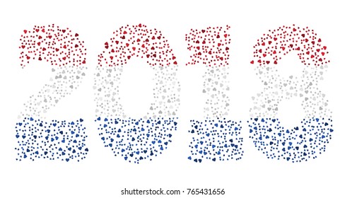 Happy new year 2018 texture in colors of the flag of The Netherlands made of hearts