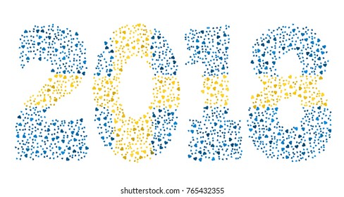 Happy new year 2018 texture in colors of the flag of Sweden made of hearts