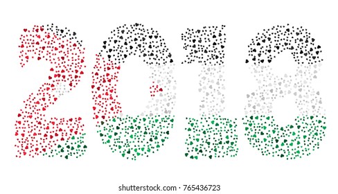 Happy new year 2018 texture in colors of the flag of Jordan made of hearts