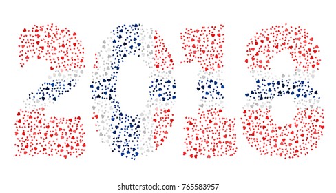 Happy new year 2018 texture in colors of the flag of Norway made of hearts