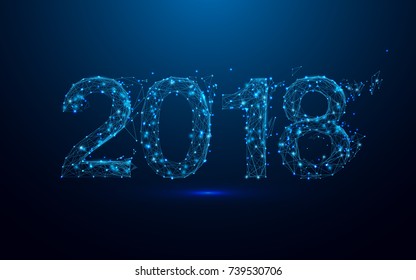 Happy new year 2018 and triangles, point connecting network on blue background. Illustration vector