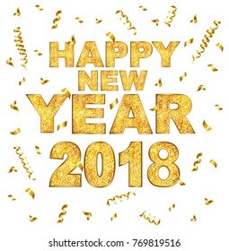 Happy new year 2018 type gold glitter texture with serpentine. Vector illustration.