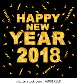 Happy new year 2018 type gold glitter texture with serpentine. Vector illustration.