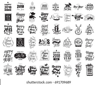 Happy New Year 2018 typographic emblems set. Vector logo design. Black and white. Usable for banners, greeting cards, gifts etc.