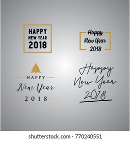 Happy New Year 2018 typographic emblems set. Vector logo, text design. Black, white and gold. Usable for banners, greeting cards, gifts etc.