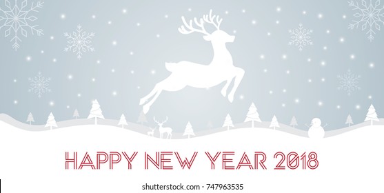 Happy New Year 2018 Typographical on shiny Xmas background with winter landscape with snowflakes, light, stars. Merry Christmas card. Vector Illustration