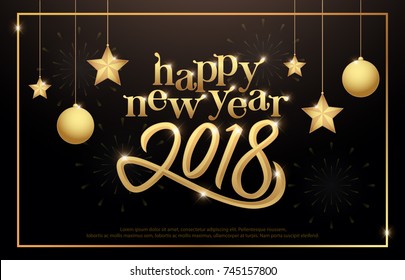 Happy New Year 2018 typography golden confetti gold ball and star on black background. 2018 Greeting card design with lettering inscription for holidays. Vector illustration