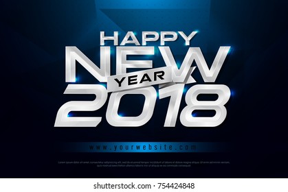 Happy New Year 2018 typography blue lighting effect on navy background. 2018 Greeting card design with lettering inscription for poster. Vector illustration