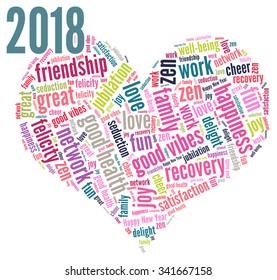 Happy New Year 2018 vector with a heart shape and words cloud and tag.