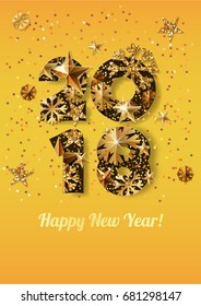 Happy New Year 2018 vector greeting card with golden numbers. Holiday yellow glowing background. Stars and snowflakes with gold pattern. Concept for New Year banner, poster, flyer, party invitation.