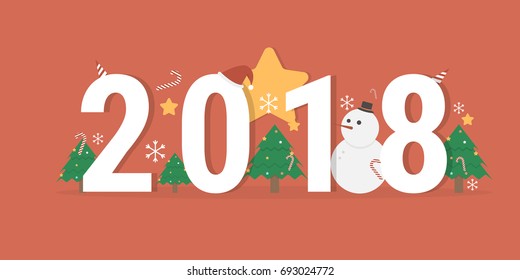 Happy new year 2018 vector greeting background with flat style emoticons