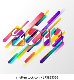 Happy New Year 2018 vector paper greeting card. Multicolor numbers with motion dynamic texture isolated on white background. Trendy design elements for poster, party invitation and holiday banner.