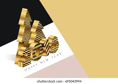 Happy New Year 2018 vector greeting card with golden numbers and Christmas tree in 3d isometric style. Abstract holiday background. Concept for New Year banner, poster, flyer, invitation.