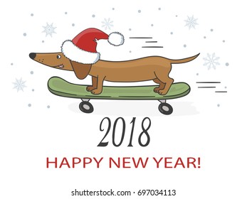 Happy New Year 2018 vector illustration with cute dachshund dog on skateboard.