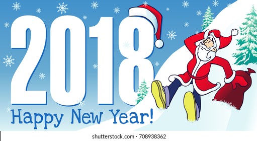 Happy New Year 2018 vector greeting illustration with hipster Santa Claus and greeting text. 2018 digits and Santa hipster happy new year card