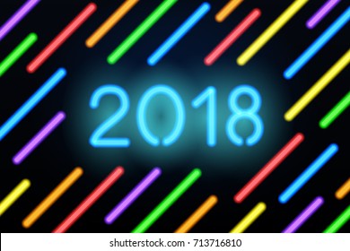 Happy New Year 2018. Vector greeting card with neon glowing numbers and diagonal neon lines