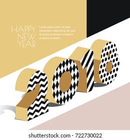 Happy New Year 2018 vector greeting card with golden textured numbers in 3d isometric style. Abstract holiday design elements and background for New Year banner, poster, flyer, invitation.