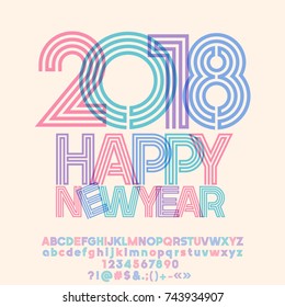 Happy New Year 2018 vector greeting card with hipster tube Alphabet letters, Numbers and Symbols