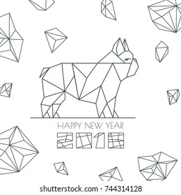 Feliz año Nuevo 2018. Vector de la tarjeta de felicitación, cartel, Anuncio con el contorno geométrico perro símbolo moderno. Decoración del calendario chino. Monocromo bulldog francés aislado ilustración.