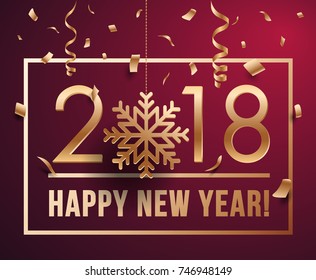 Happy New Year 2018 Vector greeting card illustration with golden snowflake and confetti