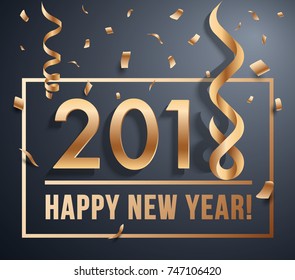 Happy New Year 2018 Vector greeting card illustration with golden ribbon and confetti 