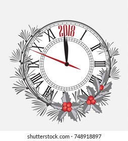 Happy New Year 2018, vector illustration Christmas background with clock showing year. Decoration of pine and mistletoe