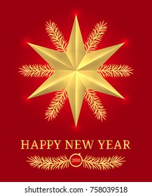 Happy New Year 2018. Vector Holiday Banner with New Year Greeting in Golden and Red Color. Golden Shining Star, Text and Spruce Branch