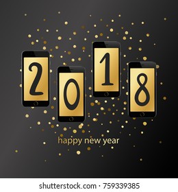 Happy new year 2018 vector greeting poster with phones. Banner, vector brochure design template. Illustration with phones and gold confetti on dark background