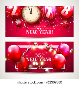 Happy New Year 2018 - vector set of two New Year headers or banners with red balloons