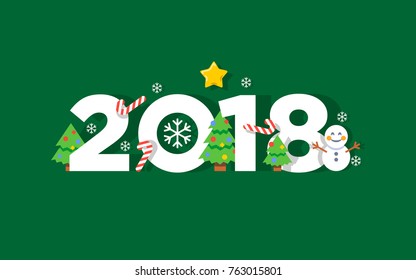 Happy new year 2018 vector greeting card background with flat style emoticons and christmas trees