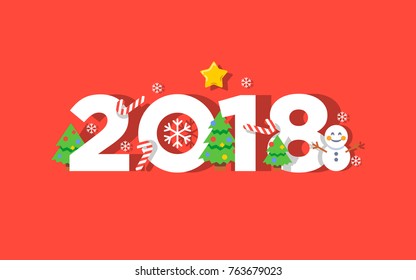 Happy new year 2018 vector greeting card background with flat style emoticons and christmas trees