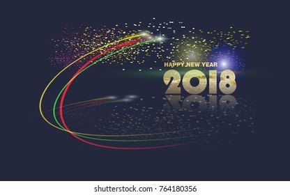 Happy New Year 2018 / Vector New Year background, Abstract New Year's fireworks, Greeting inscription in gold, dark blue background.