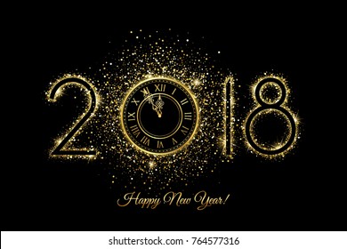 Happy New Year 2018 - Vector New Year Background With Gold Clock On Black 