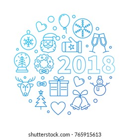 Happy New Year 2018 vector blue outline illustration or symbol on white background