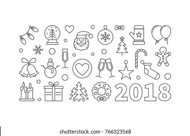 Happy New Year 2018 vector line illustration or horizontal banner on white background