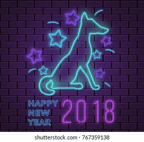 Happy new year 2018 vector illustration with dog silhouette, neon lights, party background or signboard, vector illustration