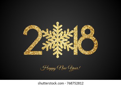Happy New Year 2018! Vector New Year black background with gold snowflake