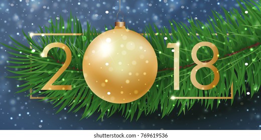 Happy New Year 2018 vector illustration. Snowflake, Christmas ball, tree, fur. Holiday composition on blue background.