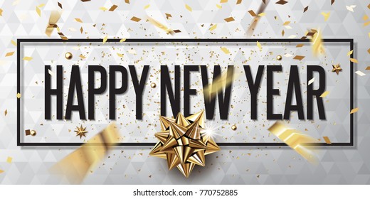 happy new year 2018 vector greeting card and poster design with golden ribbon,star and confetti.