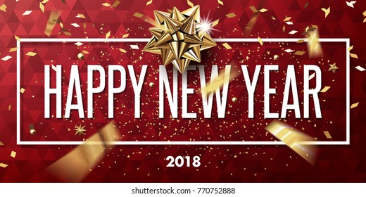 happy new year 2018 vector greeting card and poster design with golden ribbon,star and confetti.