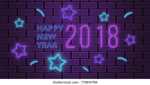 Happy new year 2018 vector illustration with neon lights, party background or signboard
