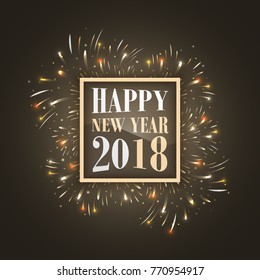 Happy New Year 2018 vector background with glowing fireworks and glitter.