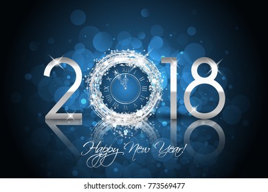 Happy New Year 2018 - Vector New Year card with silver clock on blue background