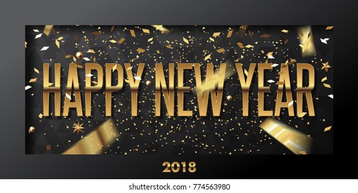 happy new year 2018 vector greeting card and poster design with golden ribbon,star and confetti.