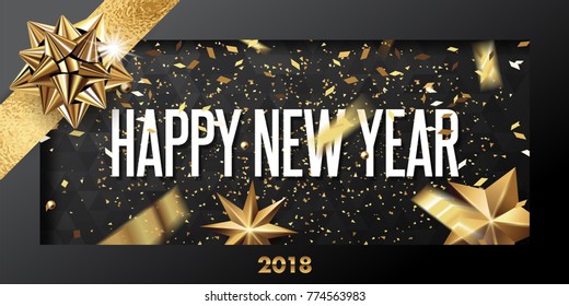 happy new year 2018 vector greeting card and poster design with golden ribbon,star and confetti.