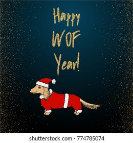 Happy New Year 2018 Vector Background with hand drawn Dachshund Puppy in Santa's Hat and Costume. Funny Greeting Card Template for Kids and Adults.